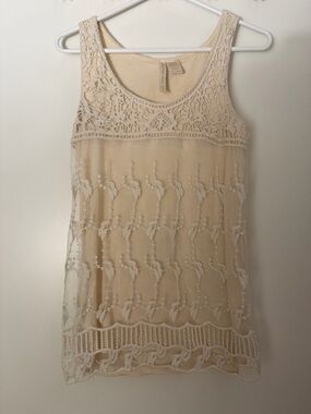 Cream Long Tank Top with Lace Embroidered Overlay